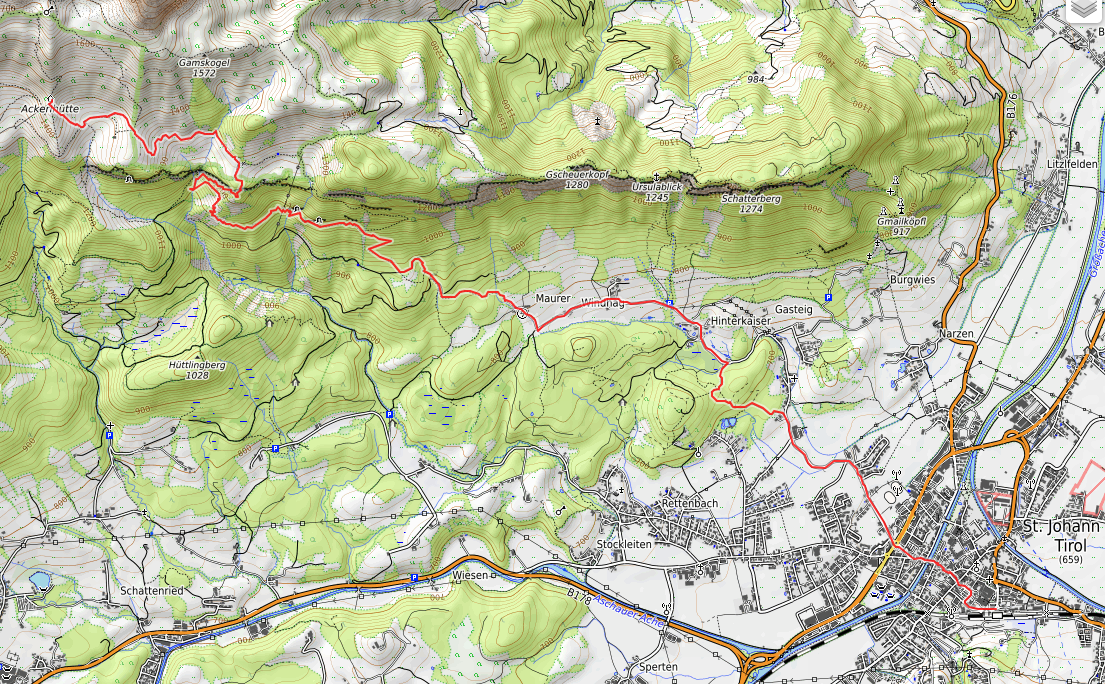 Openstreetmap: Ackerlhütte - Schleierwasserfälle - St. Johann in Tirol